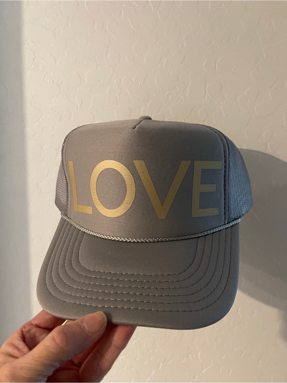 LOVE Grey Trucker Hat with Gold Lettering